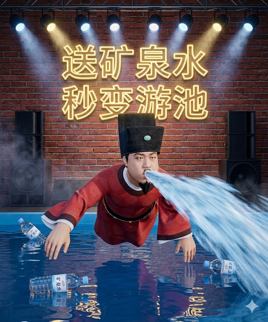 送矿泉水礼物后，宋官在舞台泳池中喷水游泳